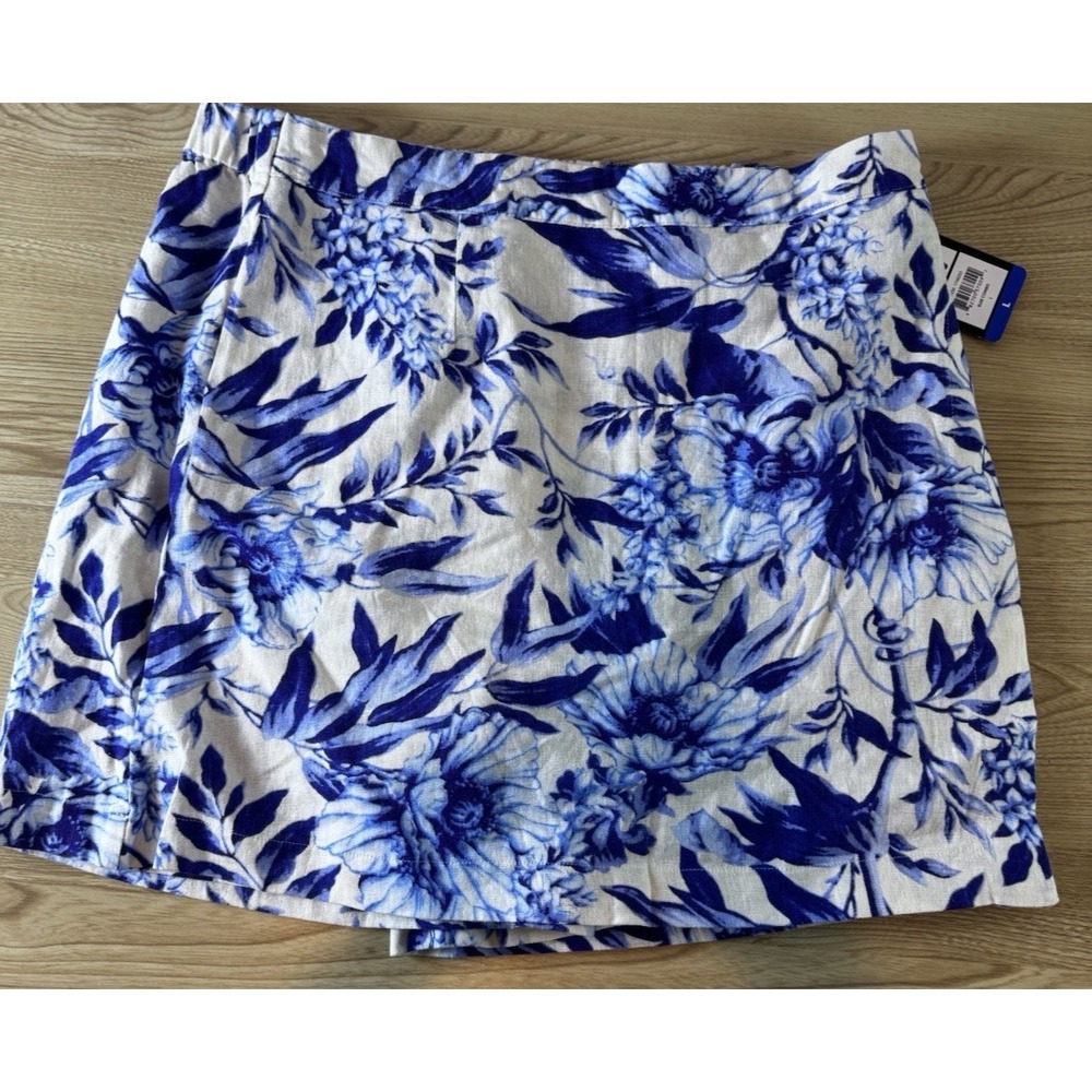 Ellen Tracy Linen Floral Skort Shorts Women's L Blue/White Pull On Pockets